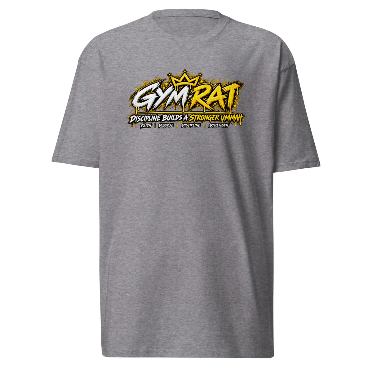 Muslim By Nature™ GYM RAT Crown T-shirt in Carbon Grey, gold and white graffiti-crown Gym Rat design – front view