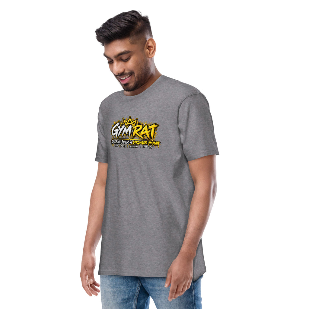 Muslim By Nature™ GYM RAT Crown T-shirt in Carbon Grey, gold and white graffiti-crown Gym Rat design – front view
