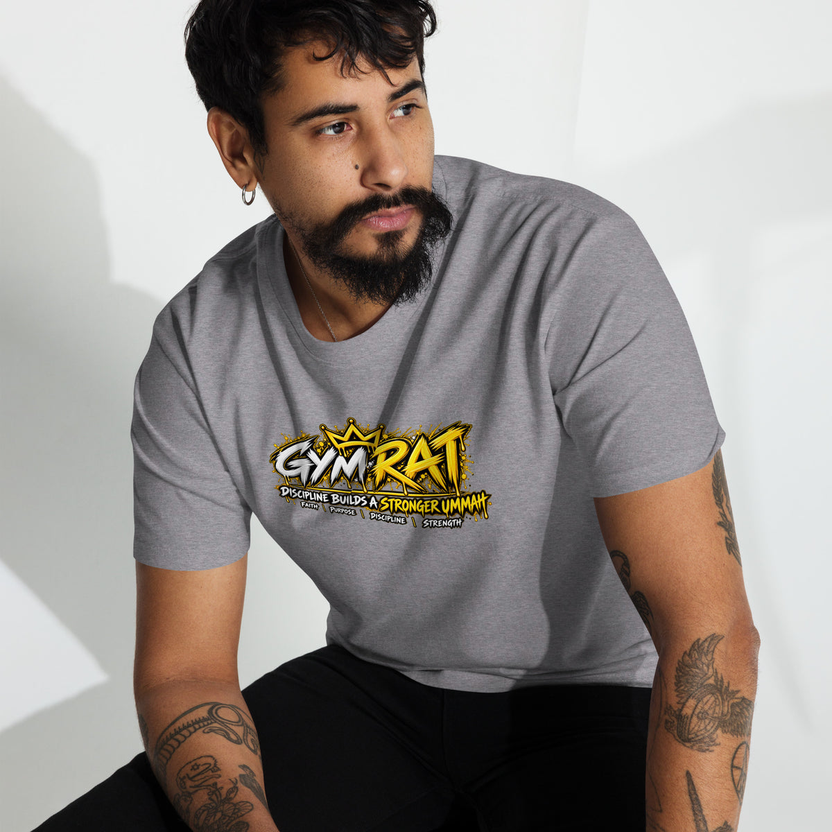 Muslim By Nature™ GYM RAT Crown T-shirt in Carbon Grey, gold and white graffiti-crown Gym Rat design – front view