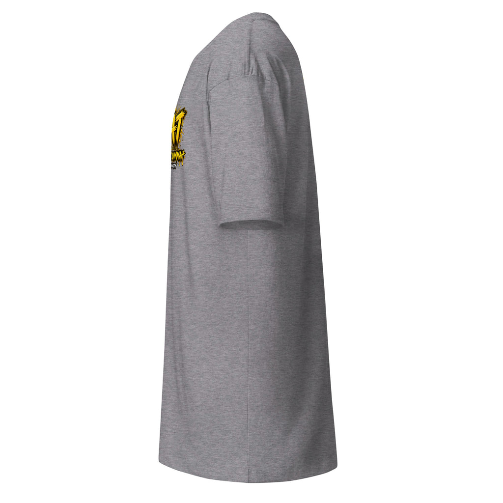 Muslim By Nature™ GYM RAT Crown T-shirt in Carbon Grey, gold and white graffiti-crown Gym Rat design – left side