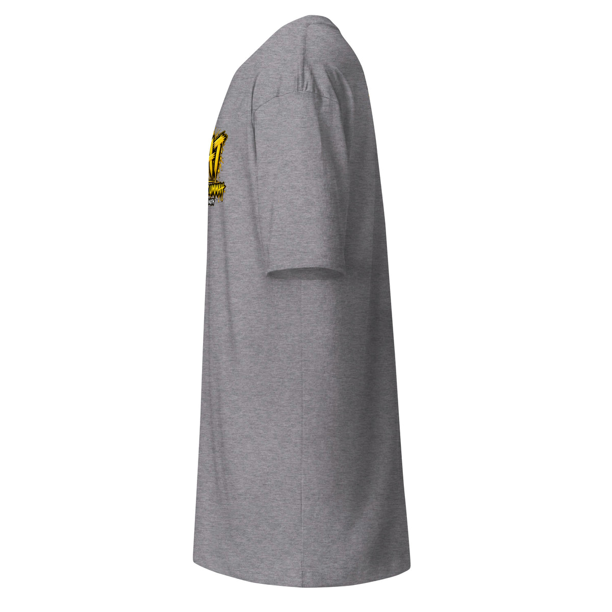 Muslim By Nature™ GYM RAT Crown T-shirt in Carbon Grey, gold and white graffiti-crown Gym Rat design – left side
