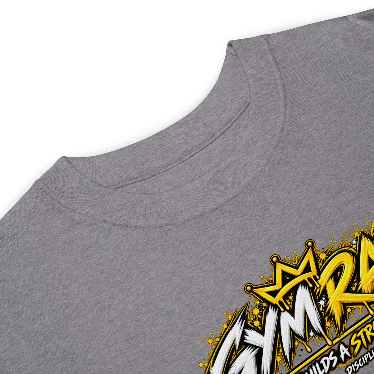 Muslim By Nature™ GYM RAT Crown T-shirt in Carbon Grey, gold and white graffiti-crown Gym Rat design – fabric and label details
