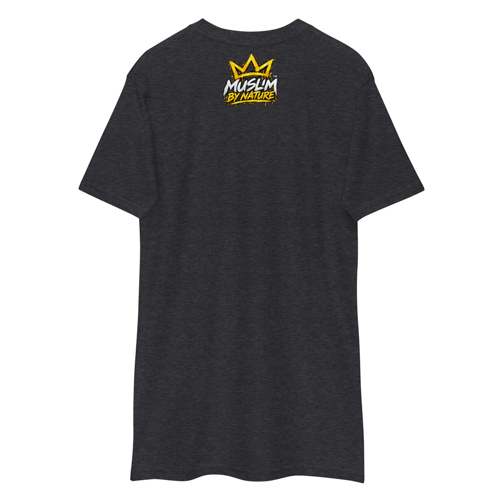 Muslim By Nature™ GYM RAT Crown T-shirt in Charcoal Heather, gold and white graffiti-crown Gym Rat design – back view