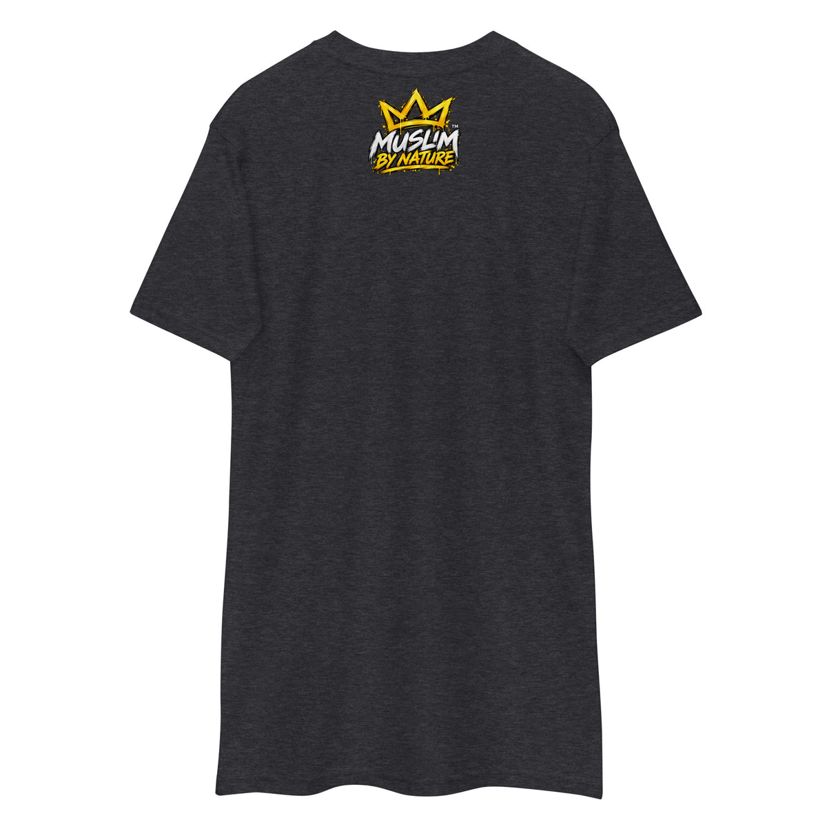 Muslim By Nature™ GYM RAT Crown T-shirt in Charcoal Heather, gold and white graffiti-crown Gym Rat design – back view