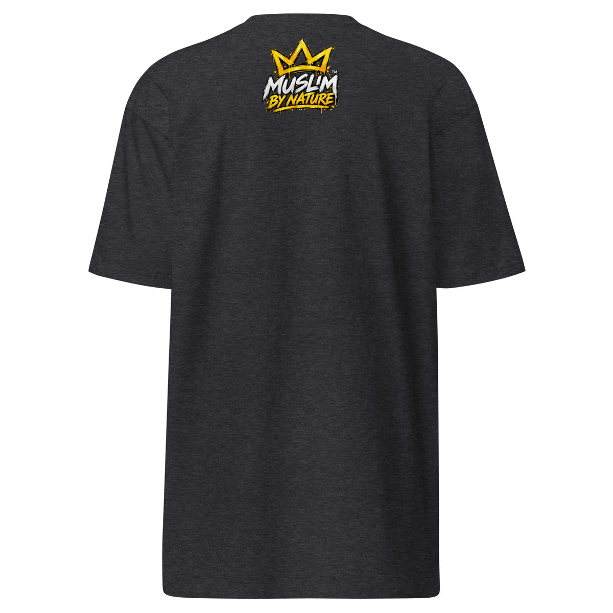 Muslim By Nature™ GYM RAT Crown T-shirt in Charcoal Heather, gold and white graffiti-crown Gym Rat design – back view