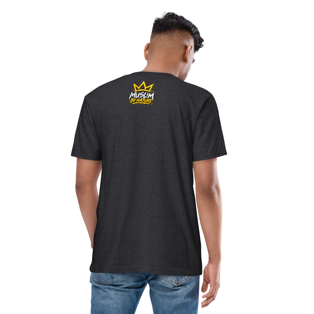 Muslim By Nature™ GYM RAT Crown T-shirt in Charcoal Heather, gold and white graffiti-crown Gym Rat design – back view