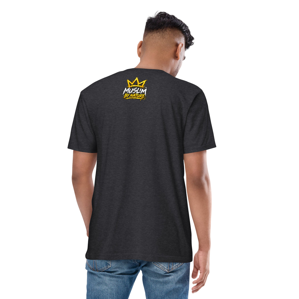Muslim By Nature™ GYM RAT Crown T-shirt in Charcoal Heather, gold and white graffiti-crown Gym Rat design – back view