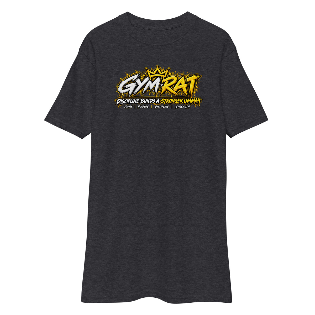Muslim By Nature™ GYM RAT Crown T-shirt in Charcoal Heather, gold and white graffiti-crown Gym Rat design – front view