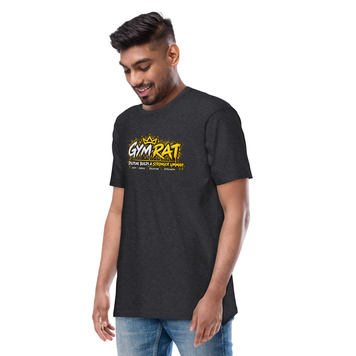 Muslim By Nature™ GYM RAT Crown T-shirt in Charcoal Heather, gold and white graffiti-crown Gym Rat design – front view