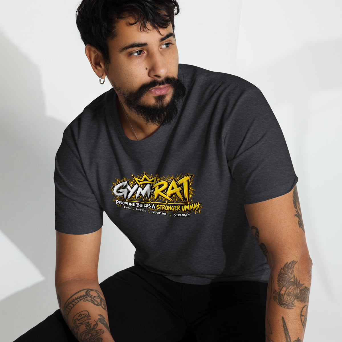 Muslim By Nature™ GYM RAT Crown T-shirt in Charcoal Heather, gold and white graffiti-crown Gym Rat design – front view