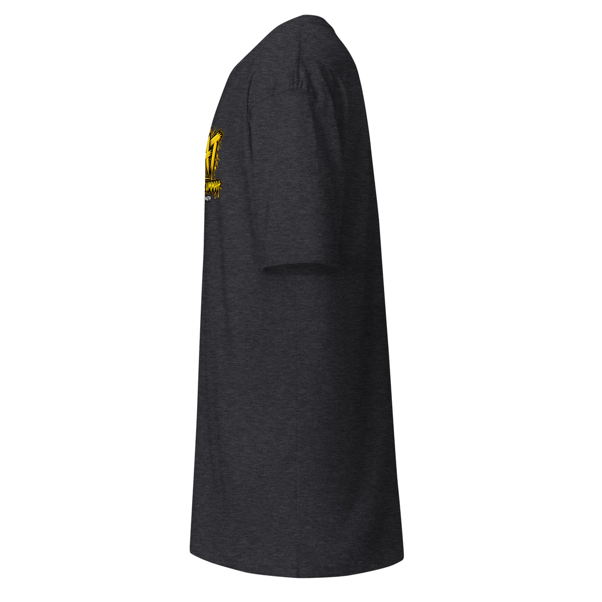 Muslim By Nature™ GYM RAT Crown T-shirt in Charcoal Heather, gold and white graffiti-crown Gym Rat design – left side