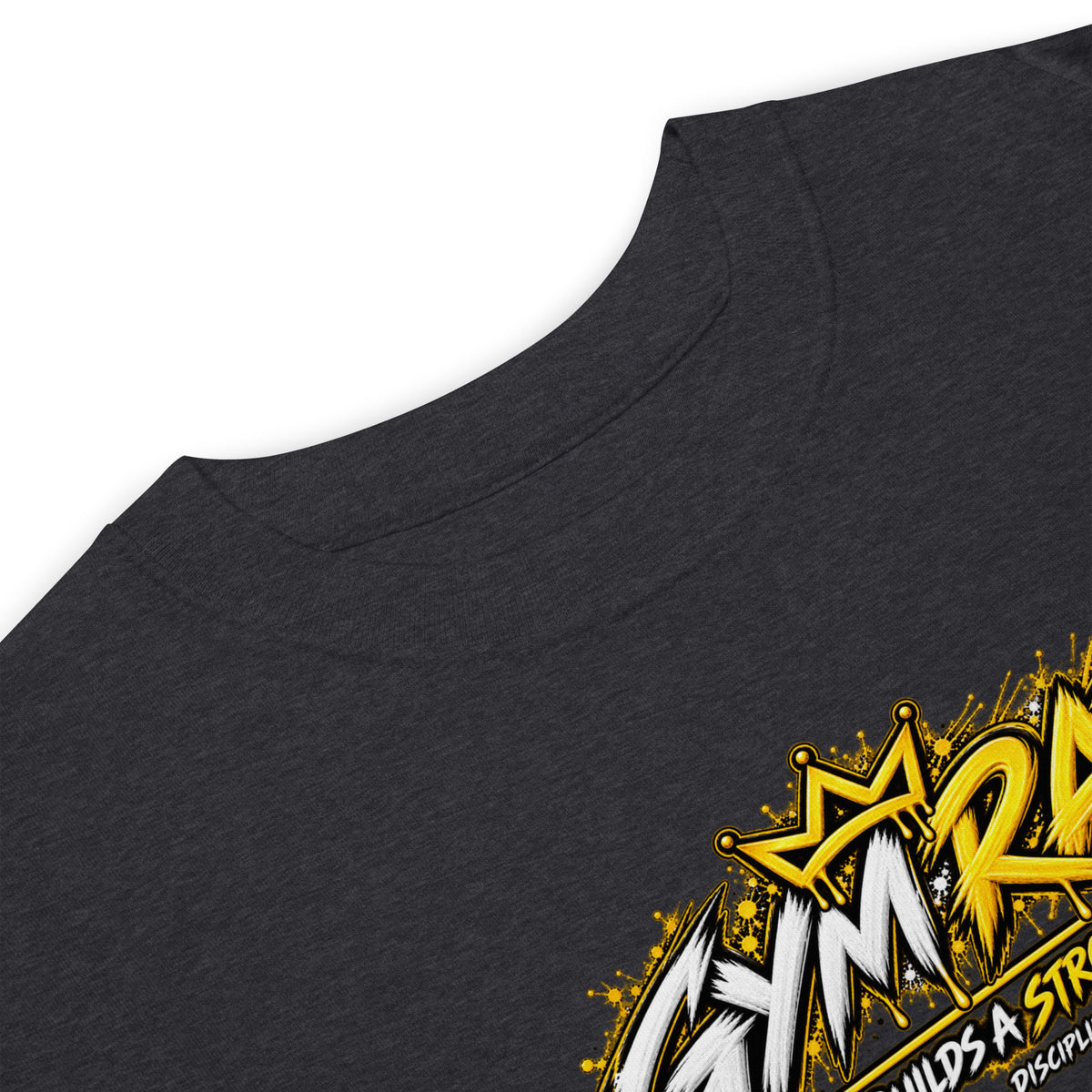 Muslim By Nature™ GYM RAT Crown T-shirt in Charcoal Heather, gold and white graffiti-crown Gym Rat design – fabric and label details