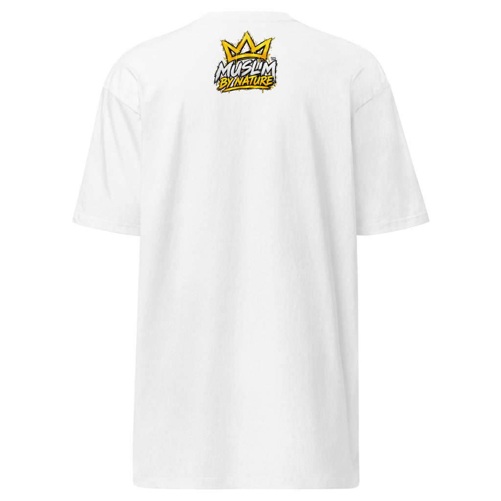 Muslim By Nature™ GYM RAT Crown T-shirt in White, gold and white graffiti-crown Gym Rat design – back view