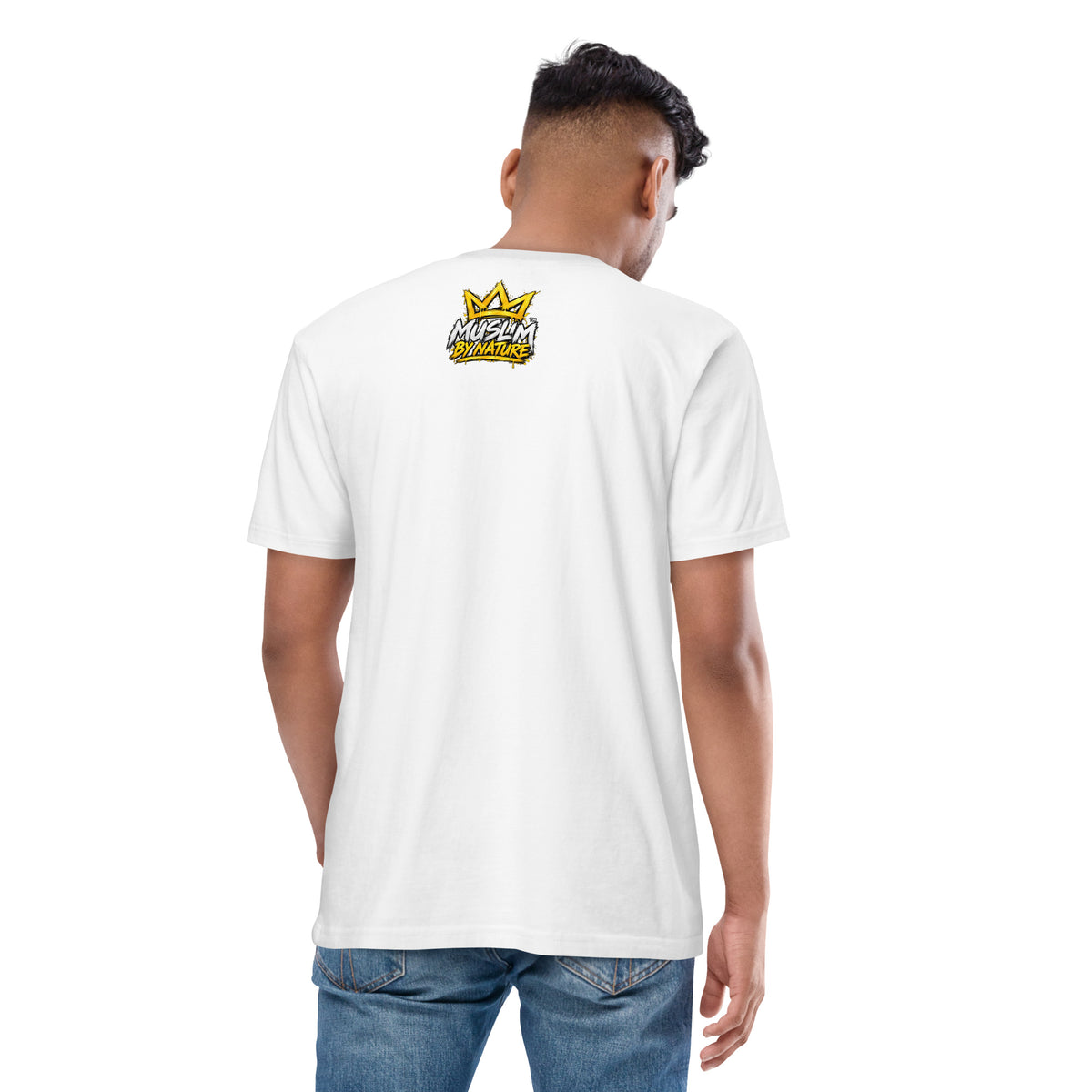 Muslim By Nature™ GYM RAT Crown T-shirt in White, gold and white graffiti-crown Gym Rat design – back view
