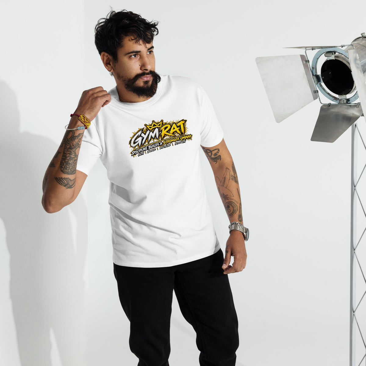 Muslim By Nature™ GYM RAT Crown T-shirt in White, gold and white graffiti-crown Gym Rat design – front, alternate