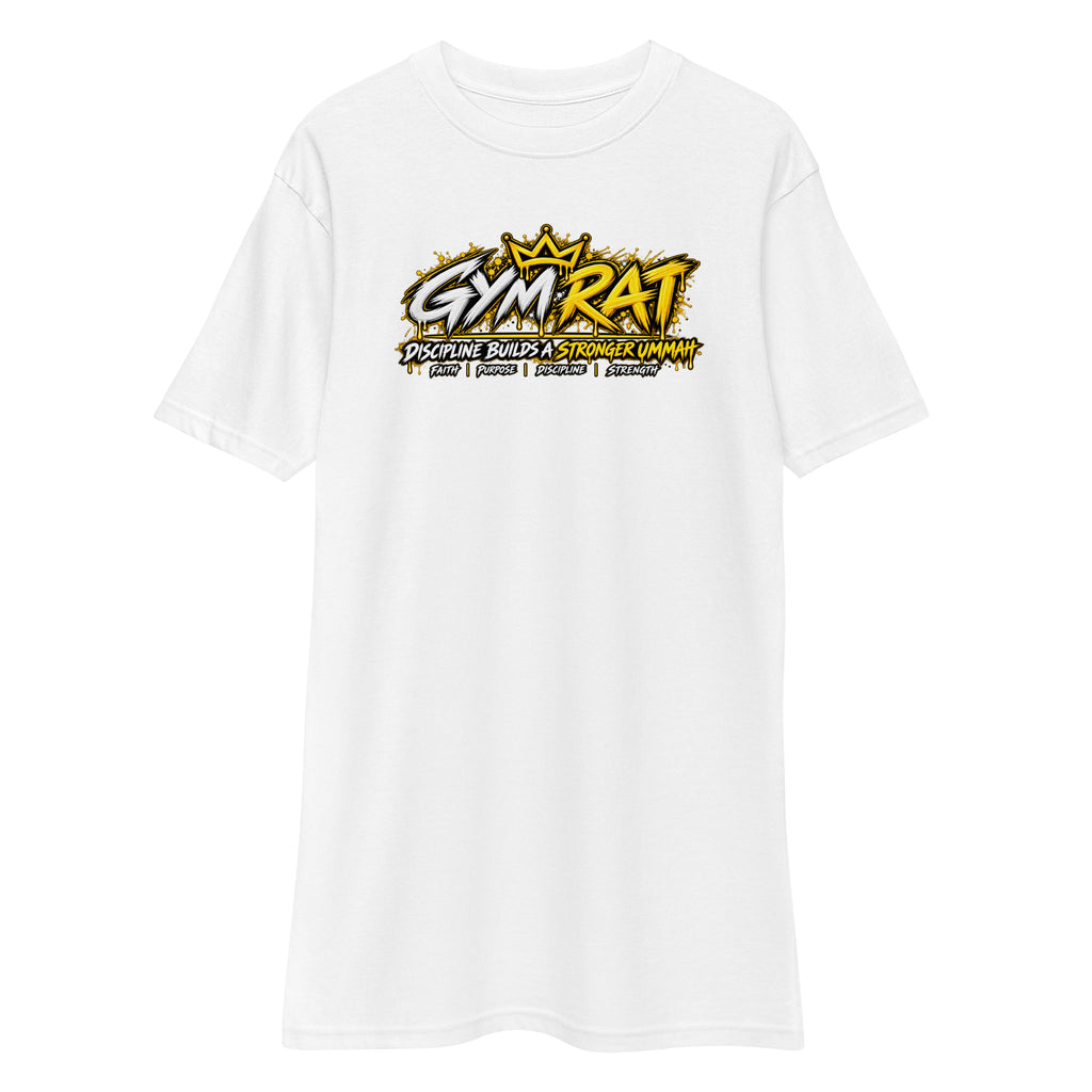 Muslim By Nature™ GYM RAT Crown T-shirt in White, gold and white graffiti-crown Gym Rat design – front view
