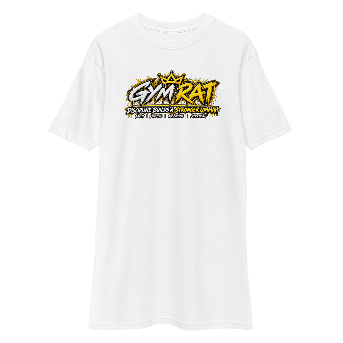 Muslim By Nature™ GYM RAT Crown T-shirt in White, gold and white graffiti-crown Gym Rat design – front view