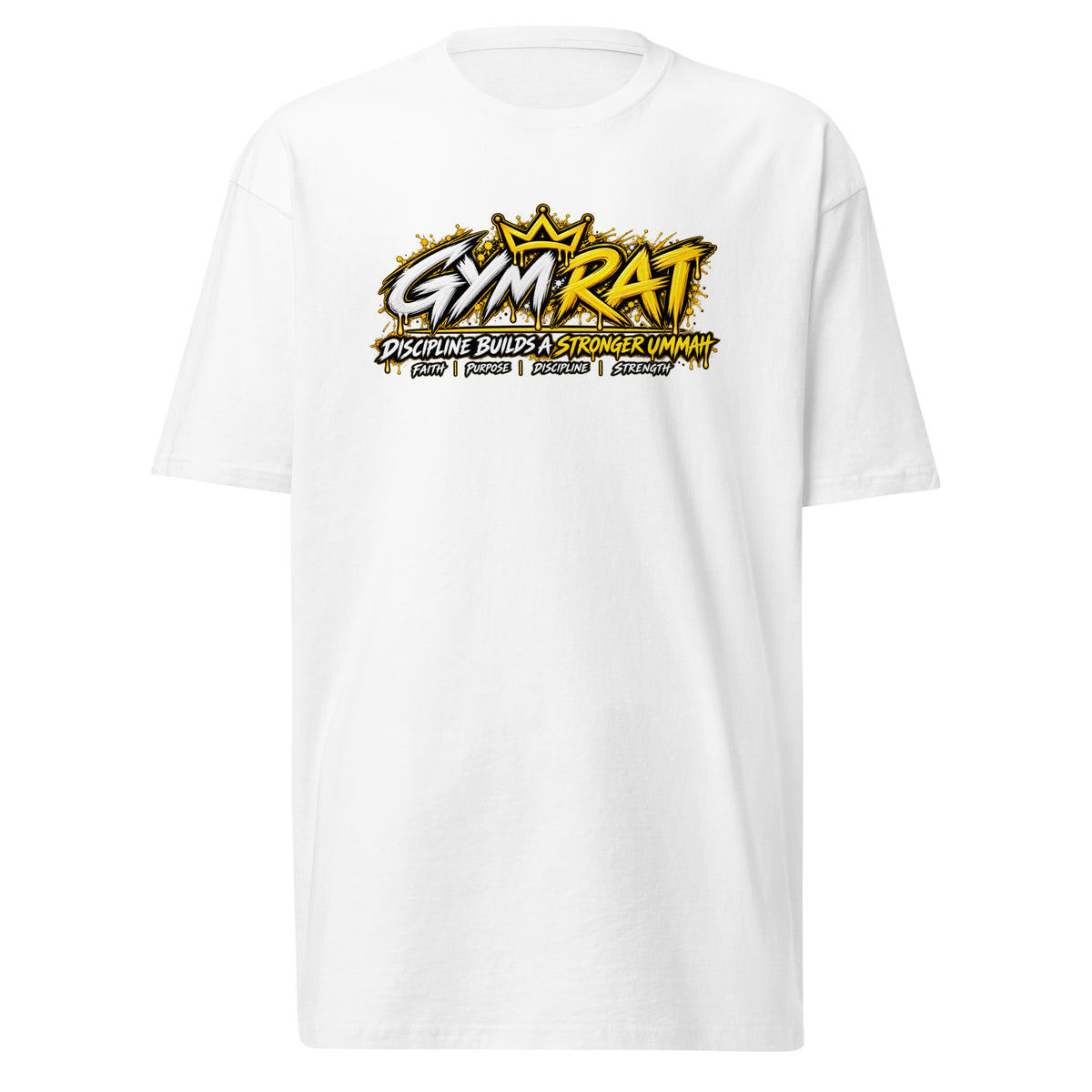 Muslim By Nature™ GYM RAT Crown T-shirt in White, gold and white graffiti-crown Gym Rat design – front view