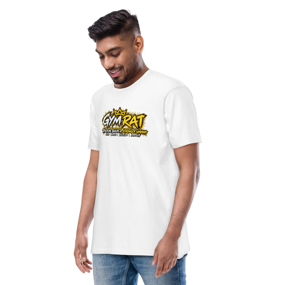 Muslim By Nature™ GYM RAT Crown T-shirt in White, gold and white graffiti-crown Gym Rat design – front view
