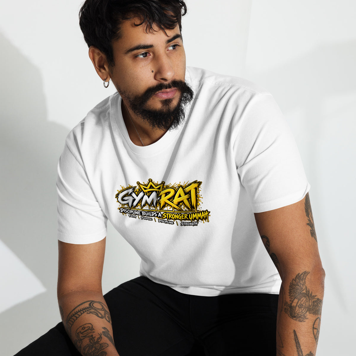 Muslim By Nature™ GYM RAT Crown T-shirt in White, gold and white graffiti-crown Gym Rat design – front view