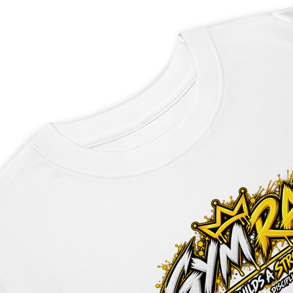 Muslim By Nature™ GYM RAT Crown T-shirt in White, gold and white graffiti-crown Gym Rat design – fabric and label details