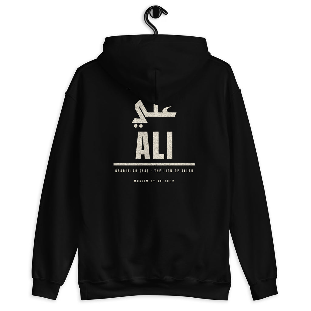 Muslim By Nature™ LEGACIES: MEN №04 Ali (RA) hoodie in Black, Kufic Arabic name and ALI in distressed cream – back view
