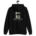 Muslim By Nature™ LEGACIES: MEN №04 Ali (RA) hoodie in Black, Kufic Arabic name and ALI in distressed cream – back view