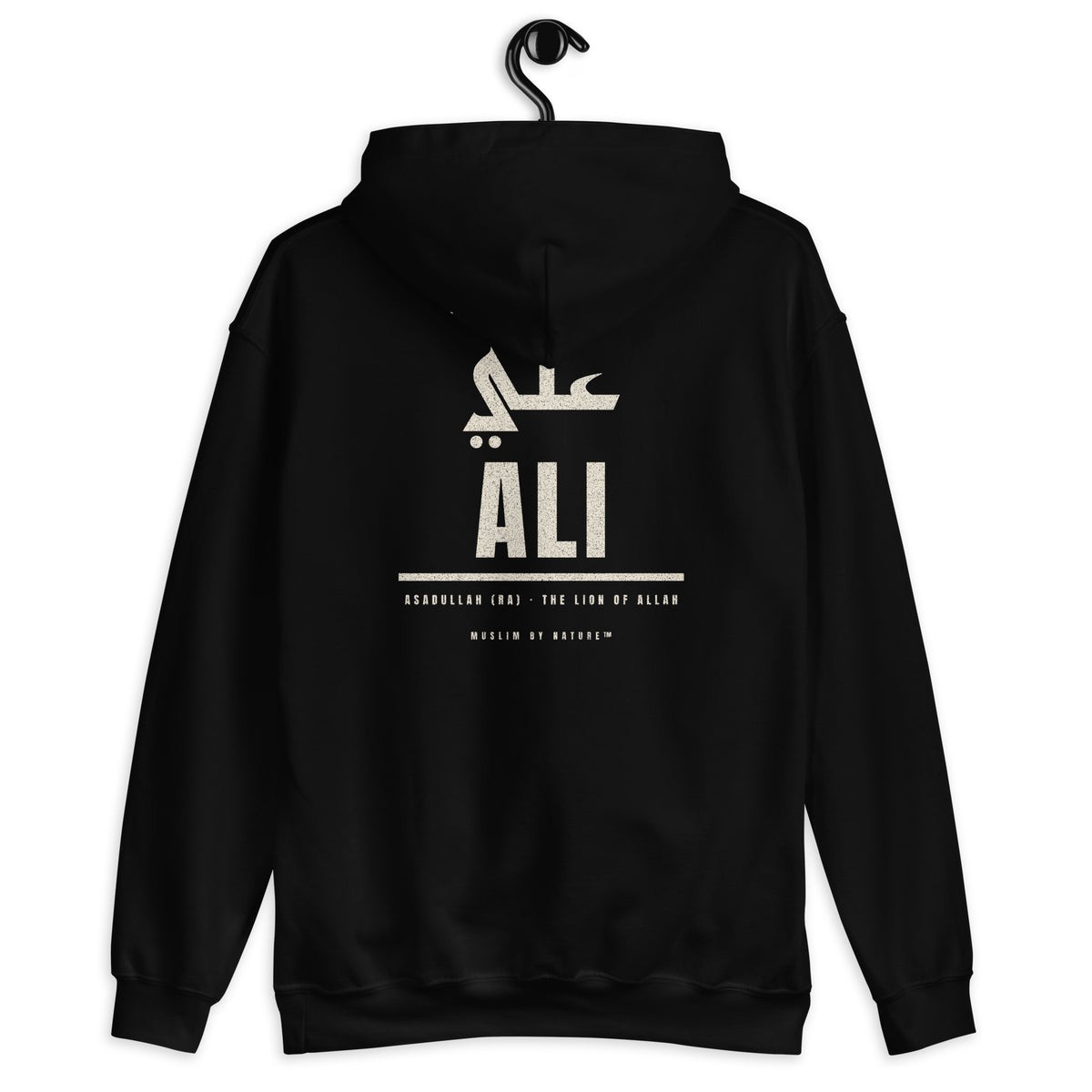 Muslim By Nature™ LEGACIES: MEN №04 Ali (RA) hoodie in Black, Kufic Arabic name and ALI in distressed cream – back view