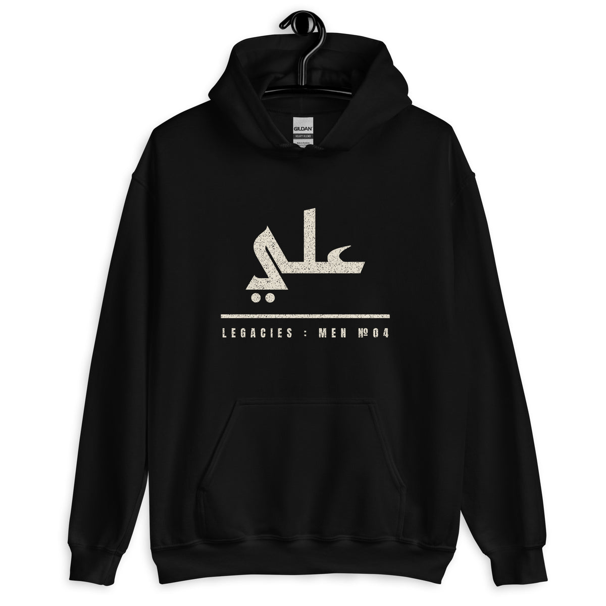 Muslim By Nature™ LEGACIES: MEN №04 Ali (RA) hoodie in Black, Kufic Arabic name and ALI in distressed cream – front view