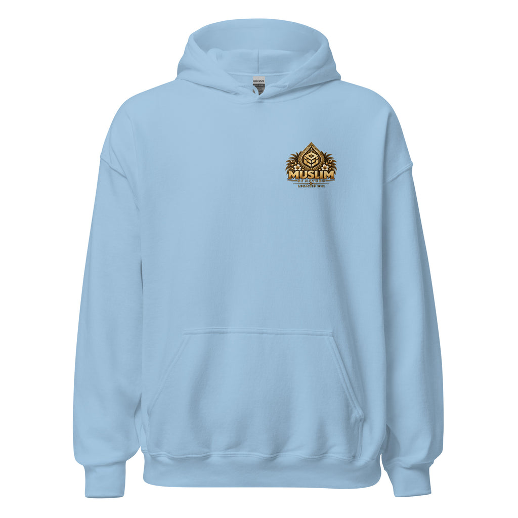 Muslim By Nature™ LEGACIES №01 Khadijah (RA) hoodie in Light Blue – front with LEGACIES №01 chest emblem