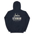 Muslim By Nature™ LEGACIES: MEN №03 Uthman (RA) hoodie in Navy, Kufic Arabic name and UTHMAN in distressed cream – back view