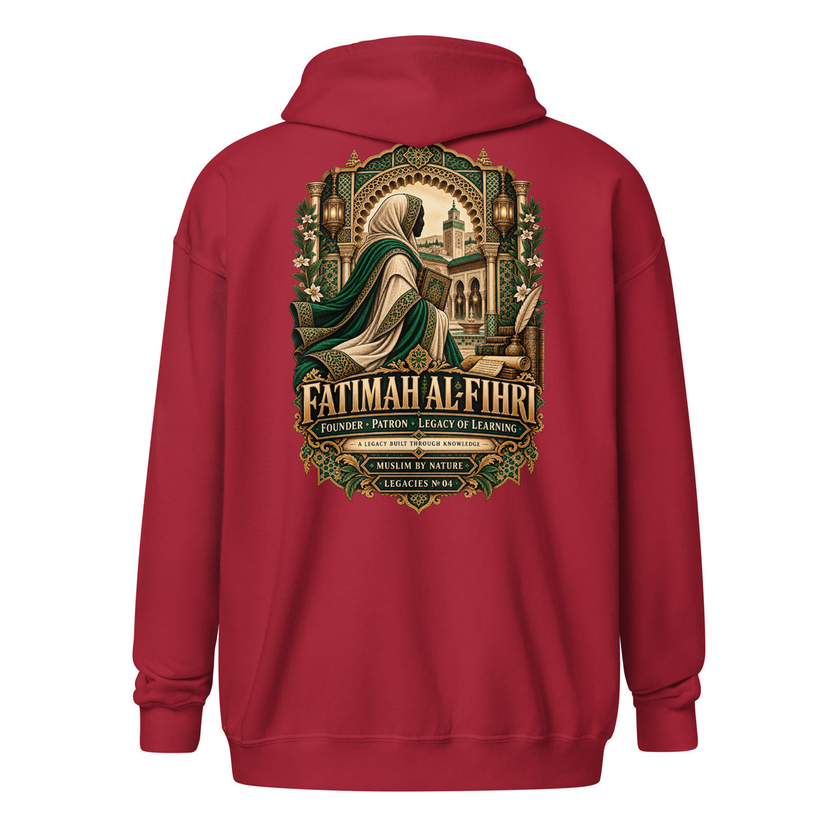Muslim By Nature™ LEGACIES №04 Fatimah al-Fihri zip hoodie in Cardinal Red – back with emerald and gold vintage artwork of al-Qarawiyyin