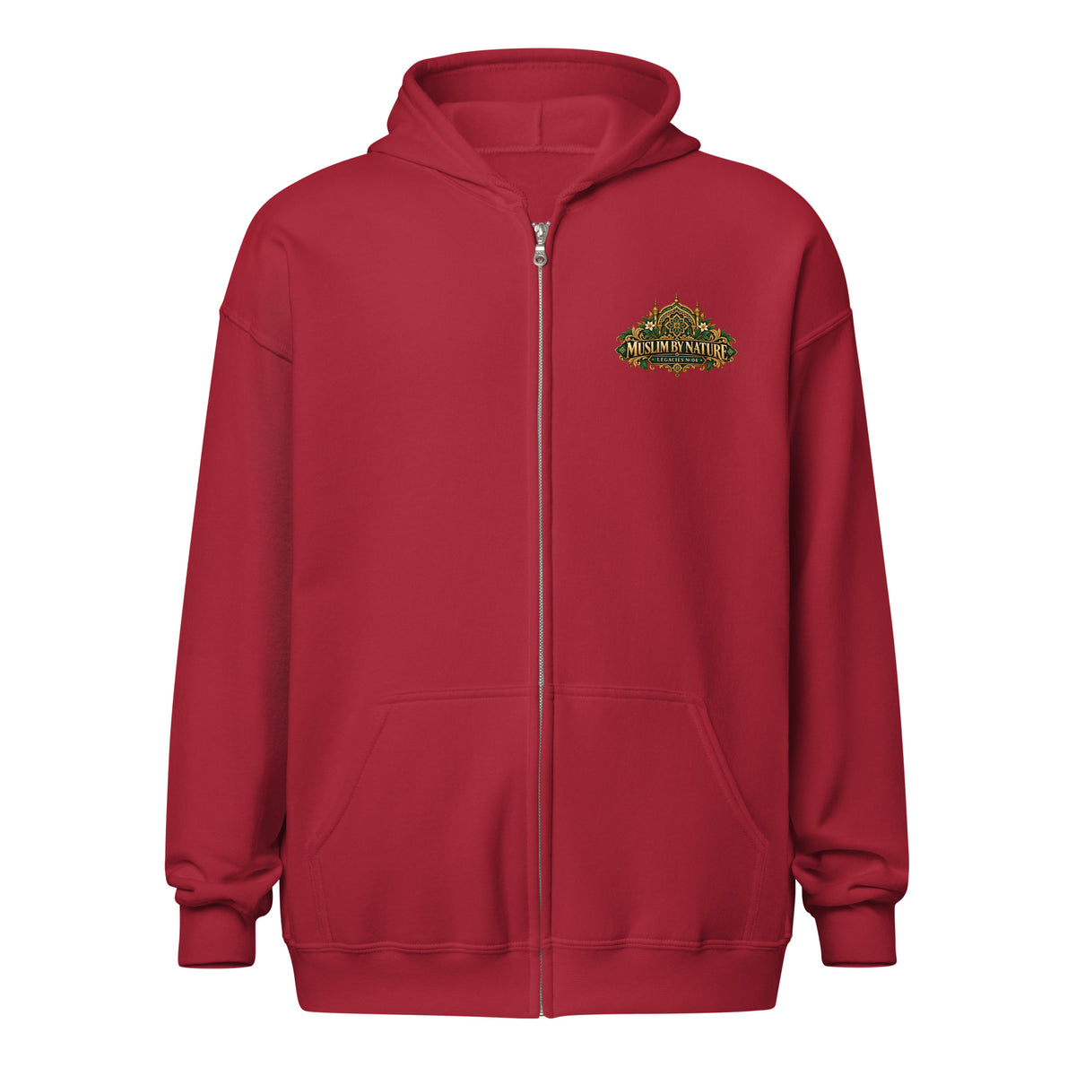 Muslim By Nature™ LEGACIES №04 Fatimah al-Fihri zip hoodie in Cardinal Red – front with heritage crest on left chest