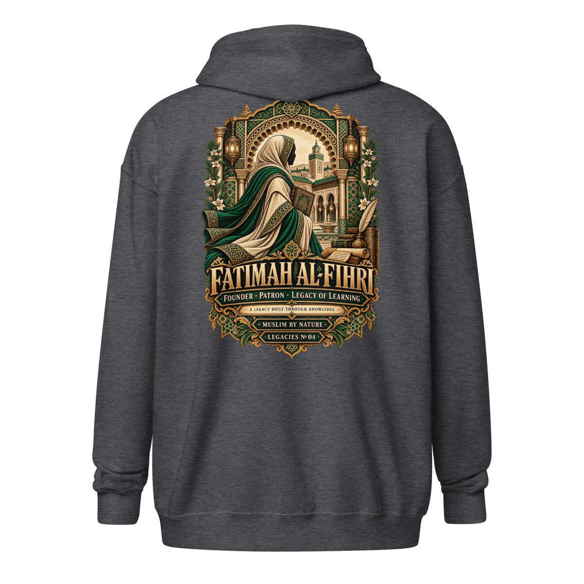 Muslim By Nature™ LEGACIES №04 Fatimah al-Fihri zip hoodie in Dark Heather – back with emerald and gold vintage artwork of al-Qarawiyyin