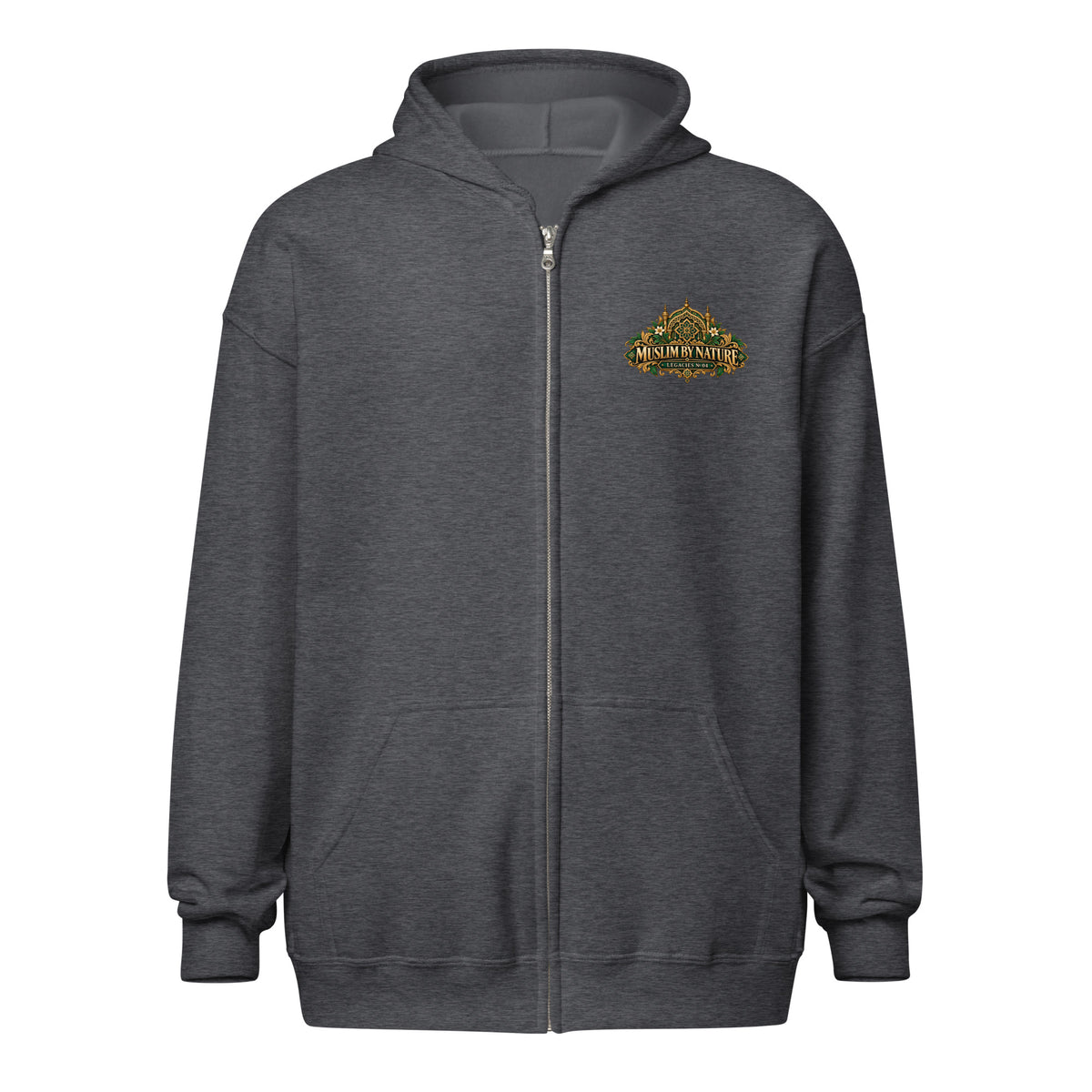 Muslim By Nature™ LEGACIES №04 Fatimah al-Fihri zip hoodie in Dark Heather – front with heritage crest on left chest