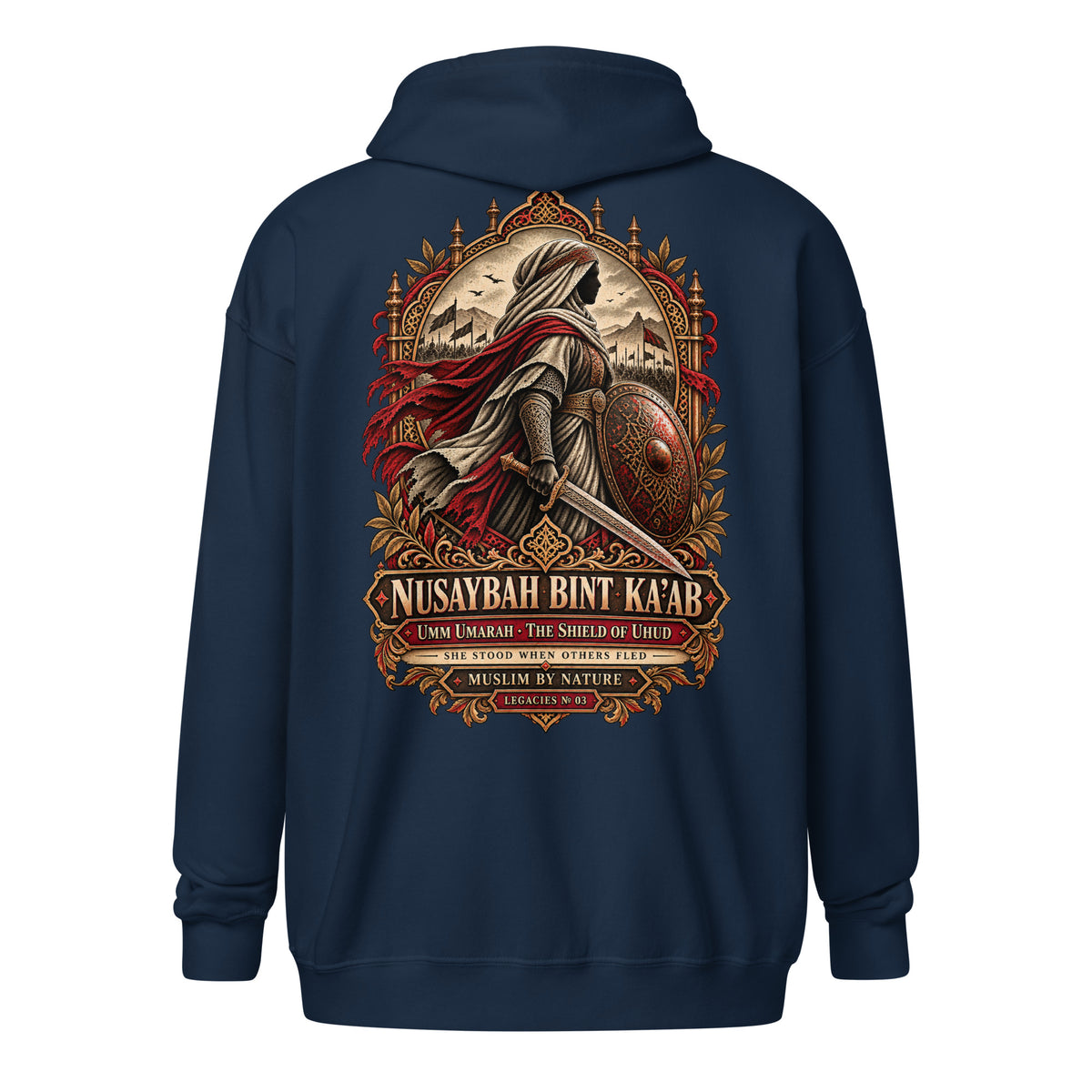 Muslim By Nature™ LEGACIES №03 Nusaybah (RA) zip hoodie in Navy, bronze and oxblood vintage artwork – back view