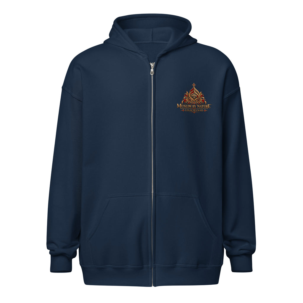 Muslim By Nature™ LEGACIES №03 Nusaybah (RA) zip hoodie in Navy, bronze and oxblood vintage artwork – front view