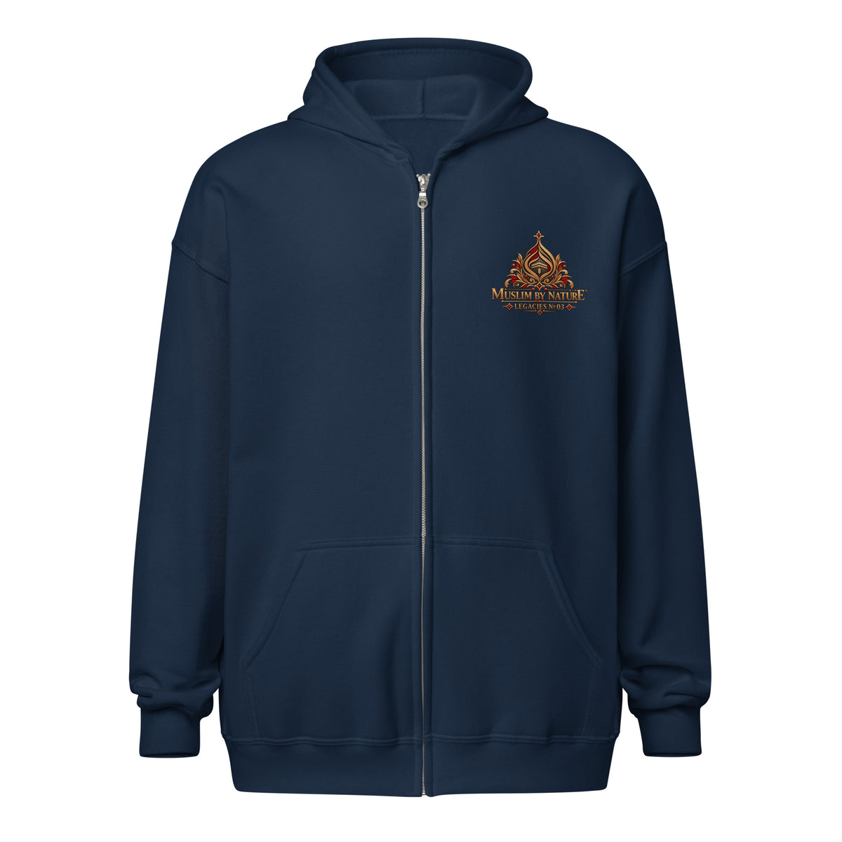 Muslim By Nature™ LEGACIES №03 Nusaybah (RA) zip hoodie in Navy, bronze and oxblood vintage artwork – front view