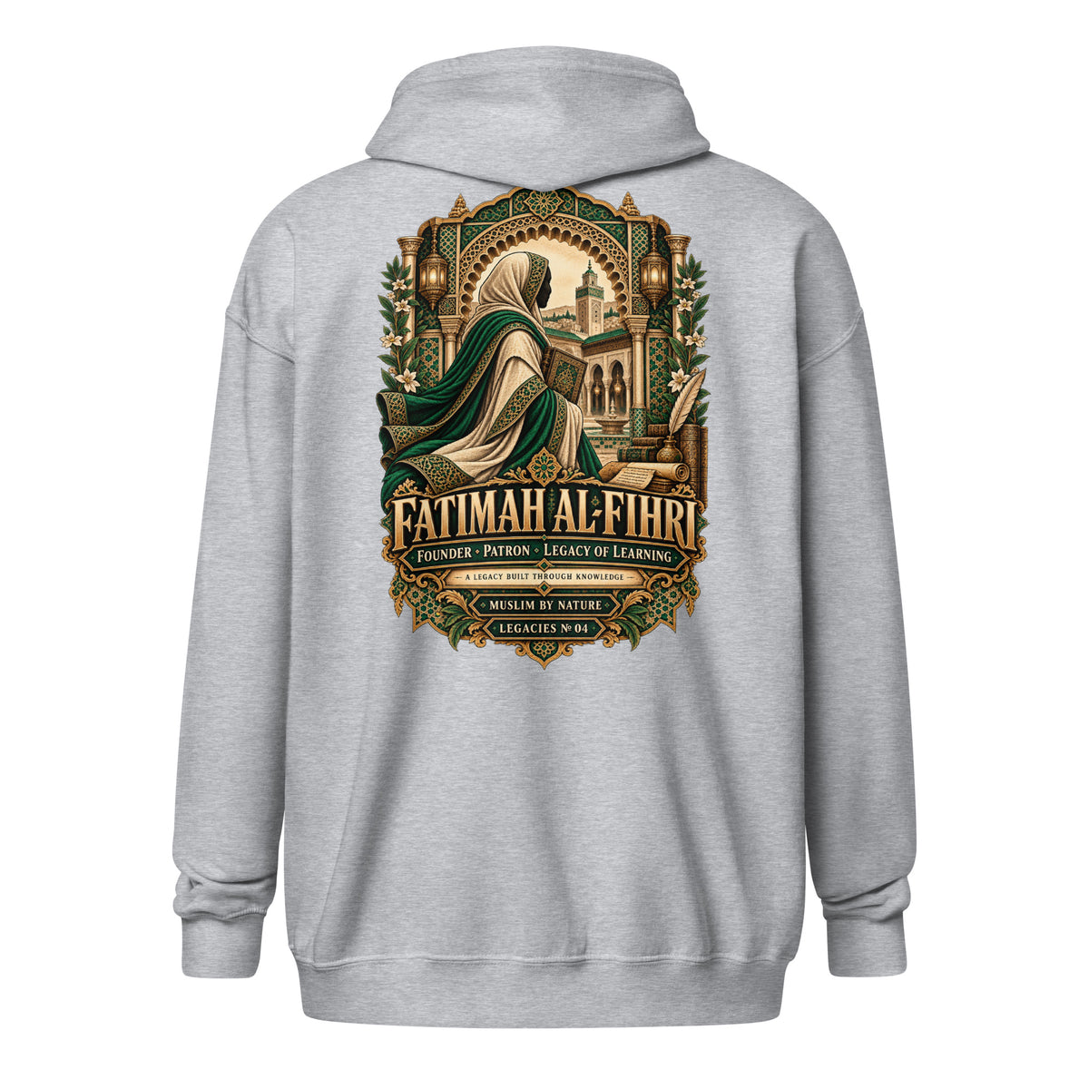 Muslim By Nature™ LEGACIES №04 Fatimah al-Fihri zip hoodie in Sport Grey – back with emerald and gold vintage artwork of al-Qarawiyyin