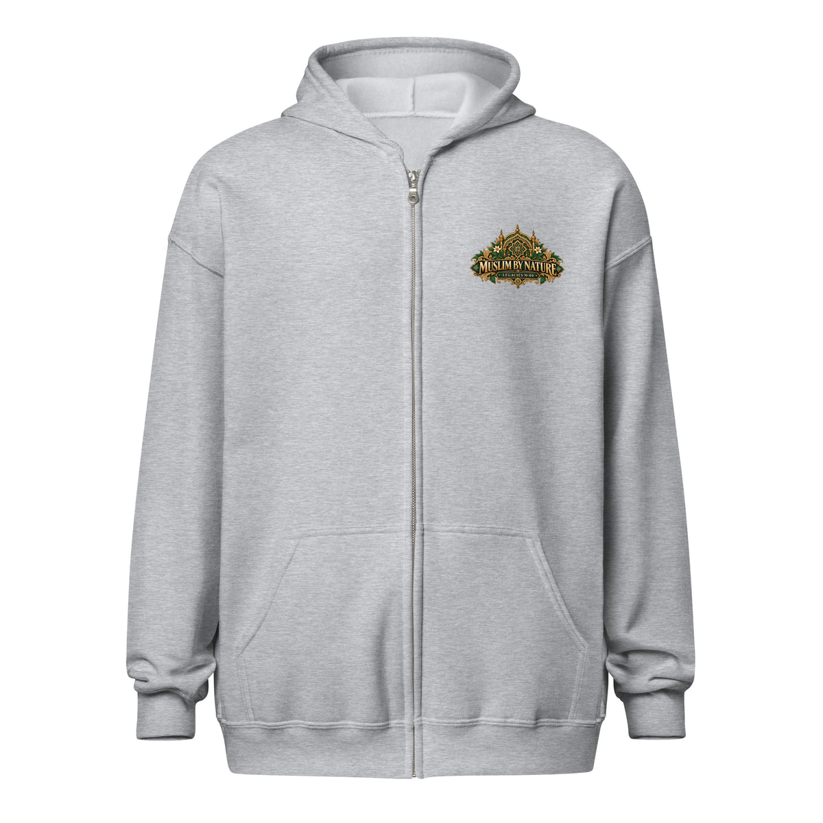Muslim By Nature™ LEGACIES №04 Fatimah al-Fihri zip hoodie in Sport Grey – front with heritage crest on left chest