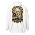 Muslim By Nature™ LEGACIES №05 Maryam bint Imran (RA) zip hoodie in White, royal blue, ivory and gold vintage artwork – back view