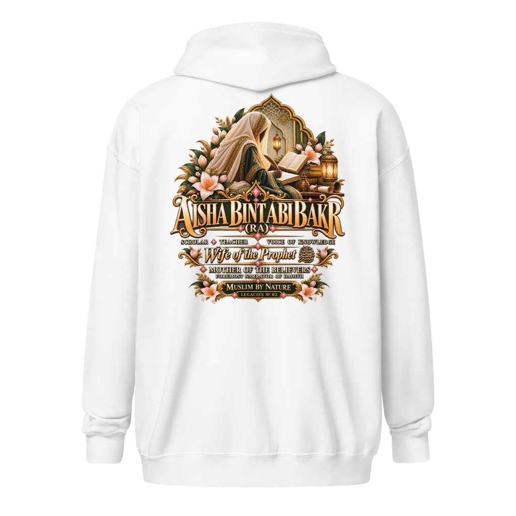 Muslim By Nature™ LEGACIES №02 Aisha (RA) zip hoodie in White, amber and emerald illuminated-manuscript artwork – back view