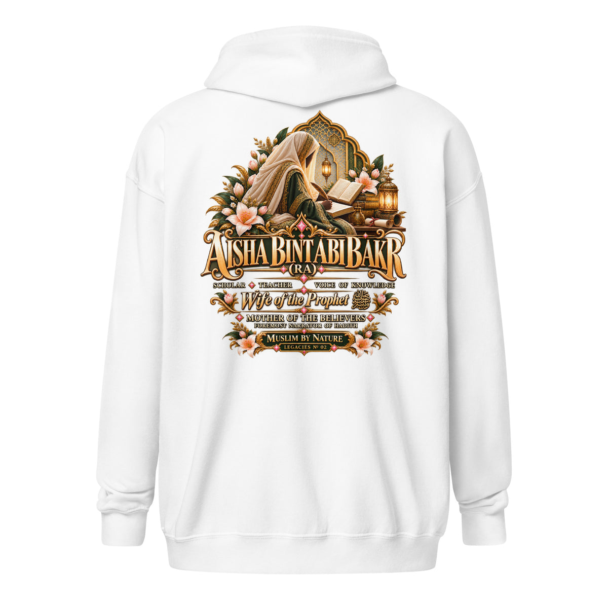 Muslim By Nature™ LEGACIES №02 Aisha (RA) zip hoodie in White, amber and emerald illuminated-manuscript artwork – back view