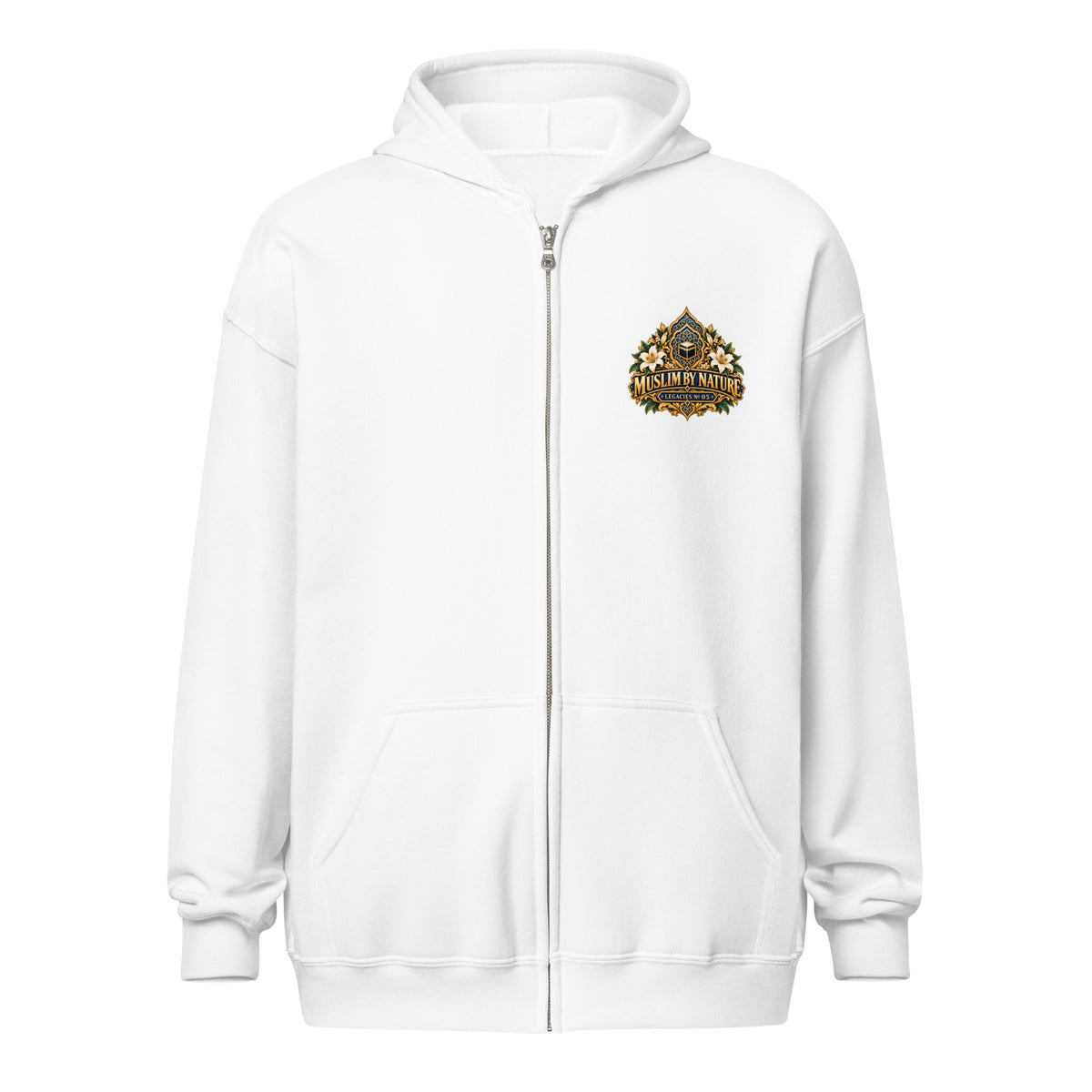 Muslim By Nature™ LEGACIES №05 Maryam bint Imran (RA) zip hoodie in White, royal blue, ivory and gold vintage artwork – front view