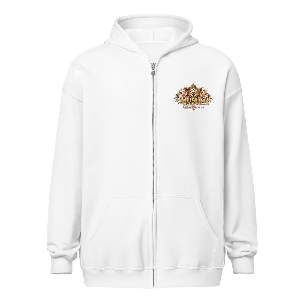 Muslim By Nature™ LEGACIES №02 Aisha (RA) zip hoodie in White, amber and emerald illuminated-manuscript artwork – front view