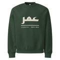Muslim By Nature™ LEGACIES: MEN №02 Umar (RA) sweatshirt in Forest Green, Kufic Arabic name and UMAR in distressed cream – front view