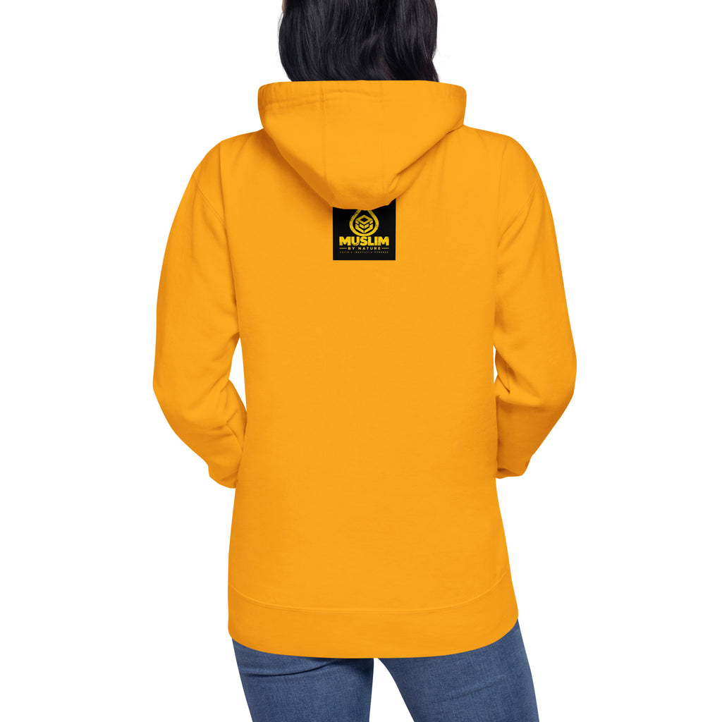 Muslim By Nature™ FREE PALESTINE United For Palestine hoodie in Team Gold, United For Palestine statement print – back view