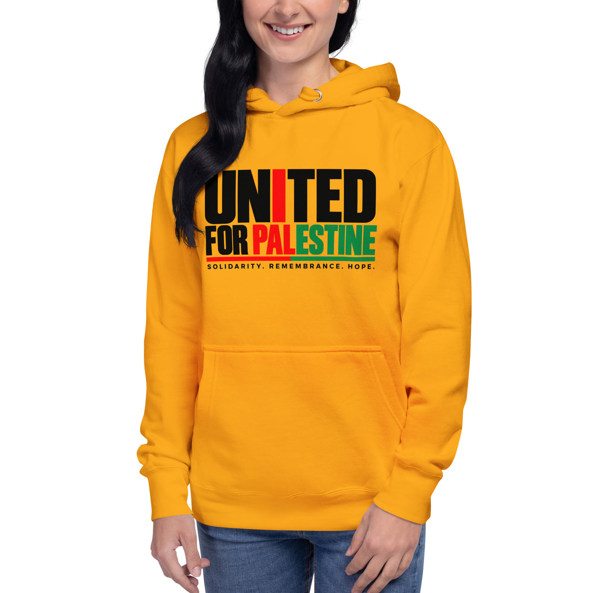 Muslim By Nature™ FREE PALESTINE United For Palestine hoodie in Team Gold, United For Palestine statement print – front view