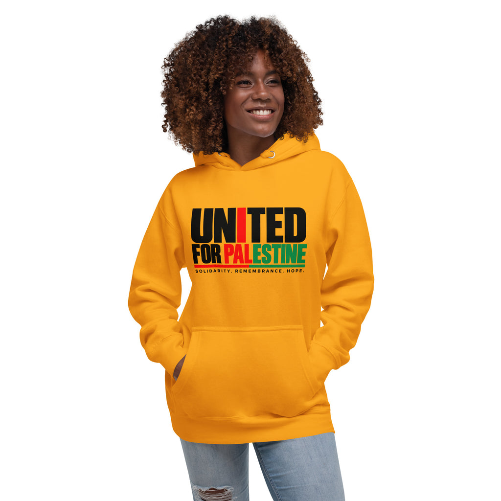 Muslim By Nature™ FREE PALESTINE United For Palestine hoodie in Team Gold, United For Palestine statement print – front view