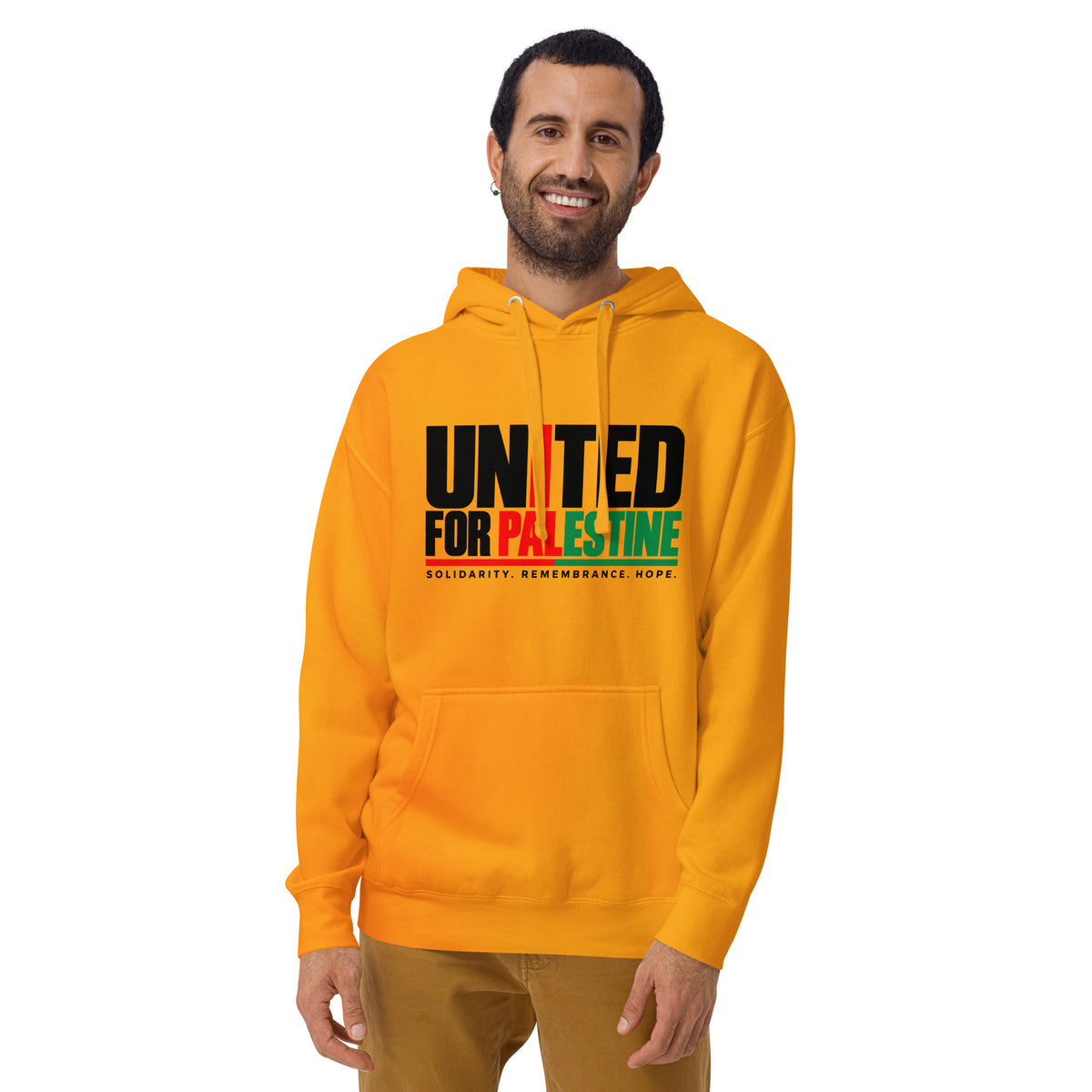 Muslim By Nature™ FREE PALESTINE United For Palestine hoodie in Team Gold, United For Palestine statement print – front view